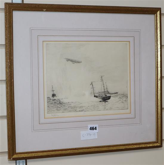 William Lionel Wyllie, etching, Zeppelin and Battleships, signed in pencil, 22 x 27in.